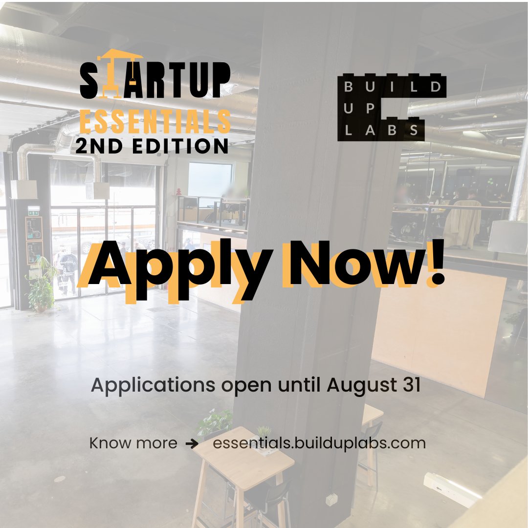 build_up_labs's tweet image. 🚀 Have a startup idea but need a push? The Startup Essentials program is back from Sept 17-26 for 5 days of expert-led workshops, hands-on mentoring, and a chance to pitch to investors.

Apply by Aug 31 👉 comon.typeform.com/to/vyIT1a9E?ty…

#Startup #Entrepreneurship #BuildUpLabs