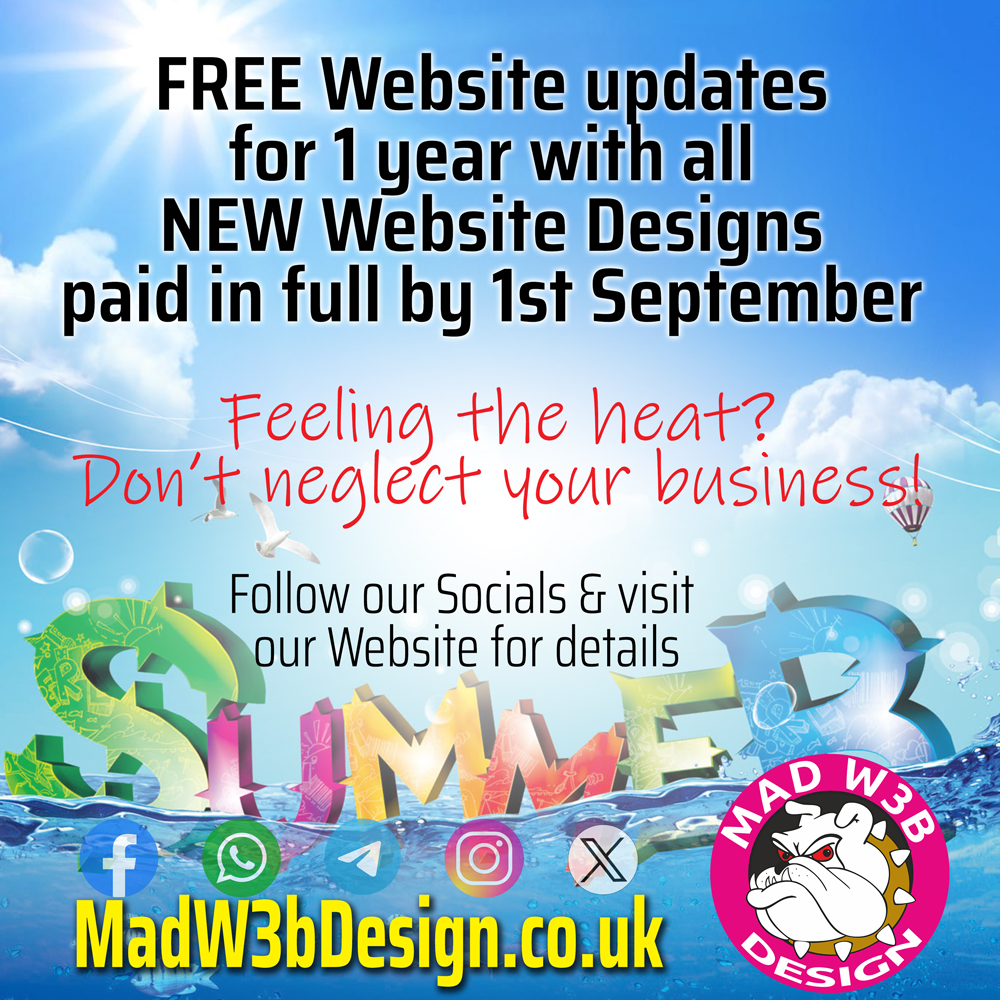 justamadweb's tweet image. 📢Early Summer Offer⤵️

🗣️#MadWeb Unrivalled packages

📋FREE Website updates for 1 year✔

💷On NEW website orders paid by 01/09/2024

☀️Enjoy the sun, let your website work for you

📱WhatsApp/Telegram 07886 069998
☎️01386 291025

📩email for details

🌐madw3bdesign.co.uk/2024/08/05/ear…