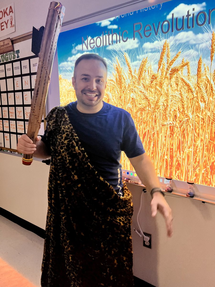 MHS_SSTeam's tweet photo. Great things are happening: Sheriff Bradshaw stopped by to assist with SB 30 for W. Geo and Mr. Guitierrez dressed as “Bam Bam” for Neolithic Revolution. 
#hokahey #socialstudies #ManvelHS https://t.co/9jvOhd734K