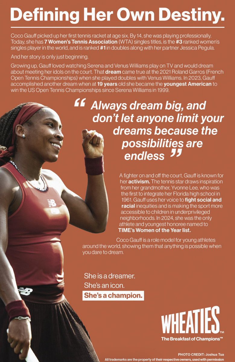 tdnewcomb's tweet photo. Plenty of Coco Gauff news the week before she starts the defense of her US Open title. First the American Eagle collection, then the second New Balance signature shoe and now a cover athlete on a Wheaties box. https://t.co/PFjP9zw3hw