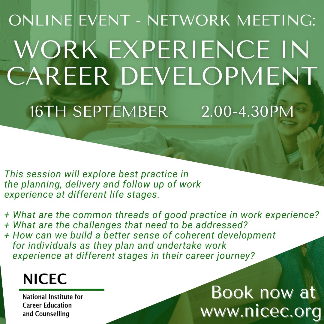Our next online event is less than a month away!

Work Experience in Career Development - 16th September 2pm

Book your place here: nicec.org/events/network…