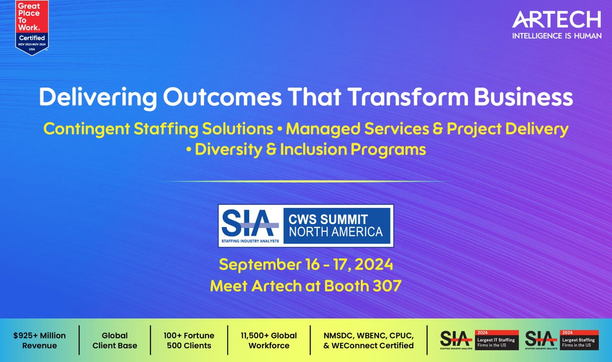 Artech_LLC's tweet image. Artech, the largest women-owned staffing firm in the US, will be at #CWSSummit! Discover how our contingent staffing solutions transform businesses. Visit us at booth #307 in Dallas, Sept 16-17.

#WorkforceSolutions #ContingentWorkforce #HR #Staffing #Procurement #SupplyChain