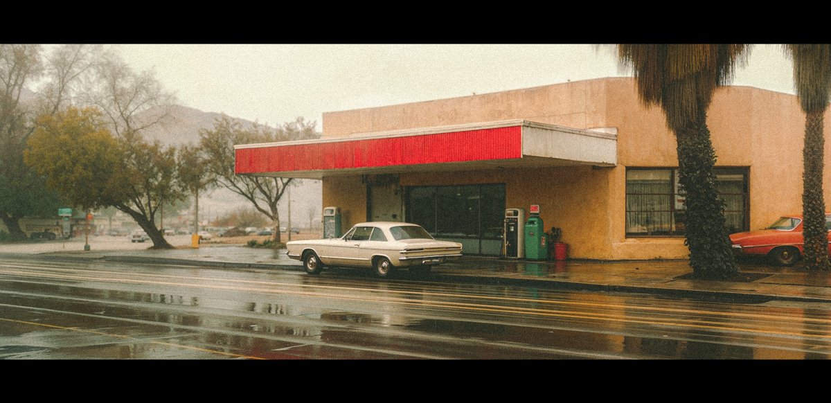 joxmore's tweet photo. When you stop...the rain touches your soul!

#wtns #broadmag #streetphotography #vintage #kodak #aesthetic #moods #americana #petrolstation #architecture #trees #car #musclecar #aiart #aiphotography #dalle3 #stablediffusion #midjourney #muted #colorcorection https://t.co/akeH2JyKpJ