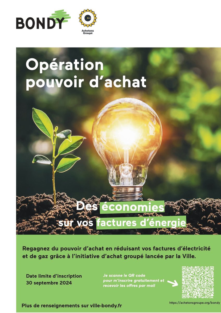 [POUVOIR D'ACHAT] C'est le moment pour regagner du pouvoir d'achat en réduisant vos factures d'énergie ! 

💡𝐏𝐫𝐞̀𝐬 𝐝𝐞 𝟏𝟎𝟎𝟎 𝐁𝐨𝐧𝐝𝐲𝐧𝐨𝐢𝐬 ont déjà rejoint l'initiative.

✅ 𝐢𝐧𝐬𝐜𝐫𝐢𝐯𝐞𝐳-𝐯𝐨𝐮𝐬 : achetonsgroupe.org/bondy/