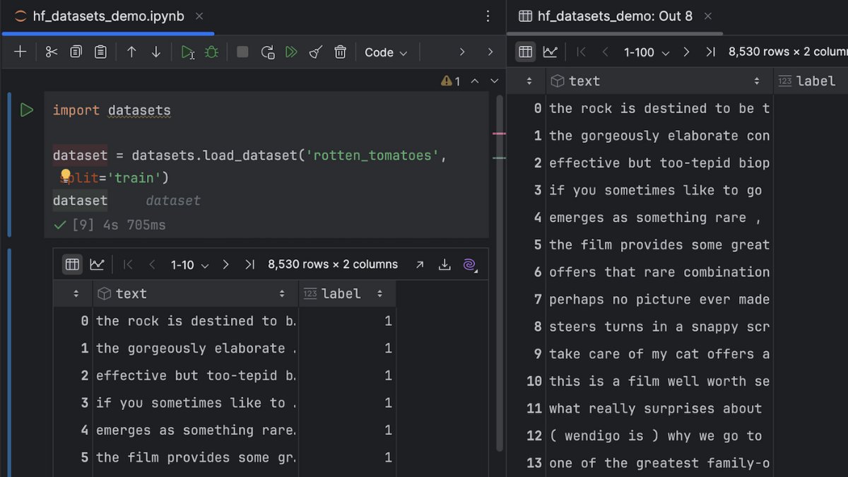 pycharm's tweet image. In PyCharm 2024.2, you can inspect @huggingface Datasets library data as an interactive dataframe! 📊 Enjoy features like chart view, pagination, sorting, and exporting tables, just like you do with #pandas, #Polars, #PyTorch, and #TensorFlow!
Learn more: jb.gg/hf-interactive…