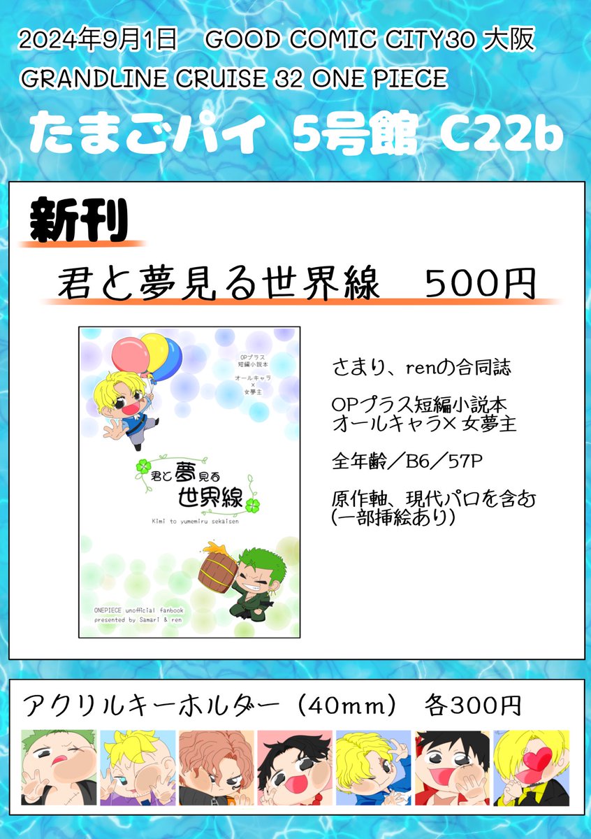 ren91917900's tweet photo. 【お品書き】
9/1(日)インテ
GLC32／5号館C22b／たまごパイ

既存ｱｸｷｰと、新刊で🏴‍☠️➕の短編小説合同誌を頒布します。
新刊のサンプルと追加事項があればツリーに繋げていきます。 https://t.co/qMeD2lP0V7