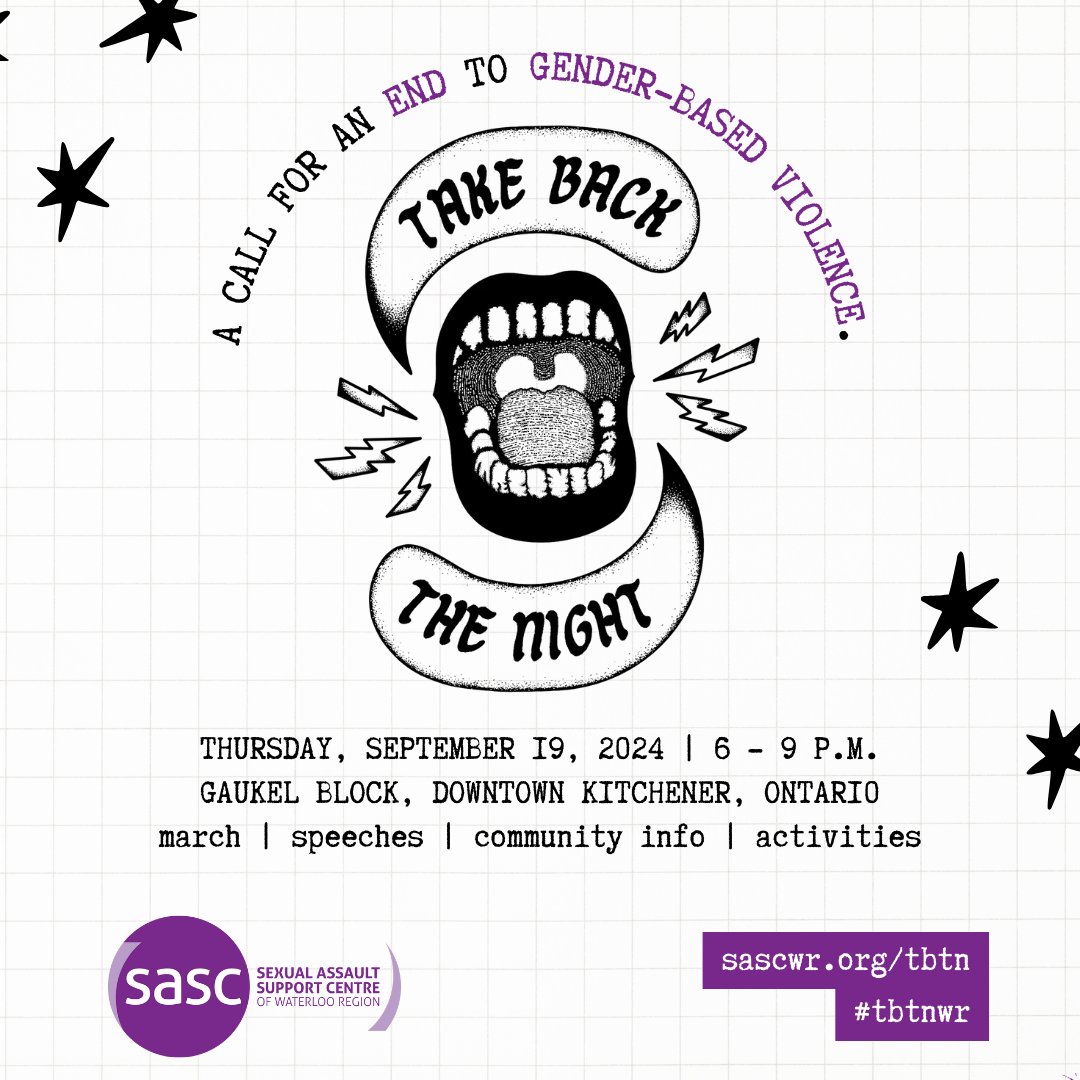 🗣️ Take Back the Night is just a few weeks away! Stand with us in the fight to end gender-based violence! 💪

📅 Date: Thursday, September 19, 2024
🕕 Time: 6:00 - 9:00 p.m.
📍 Location: Gaukel Block, Downtown Kitchener, Ontario
🔗 Learn more: sascwr.org/tbtn

#TBTNWR