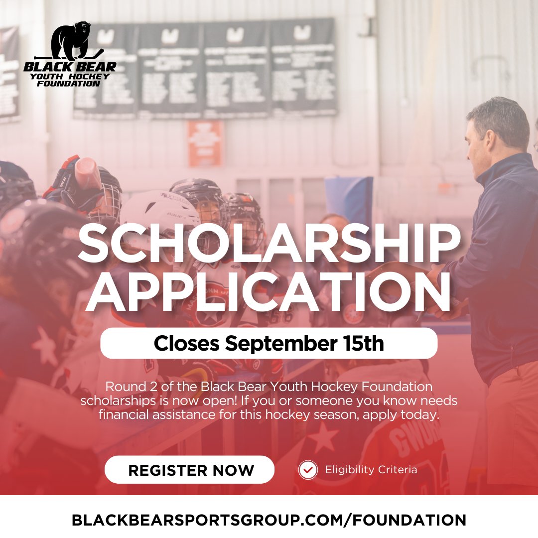 Round 2 of the Black Bear Youth Hockey Foundation Scholarship is now open! If you or someone you know needs financial assistance for this hockey season, apply today

blackbearsportsgroup.com/foundation/