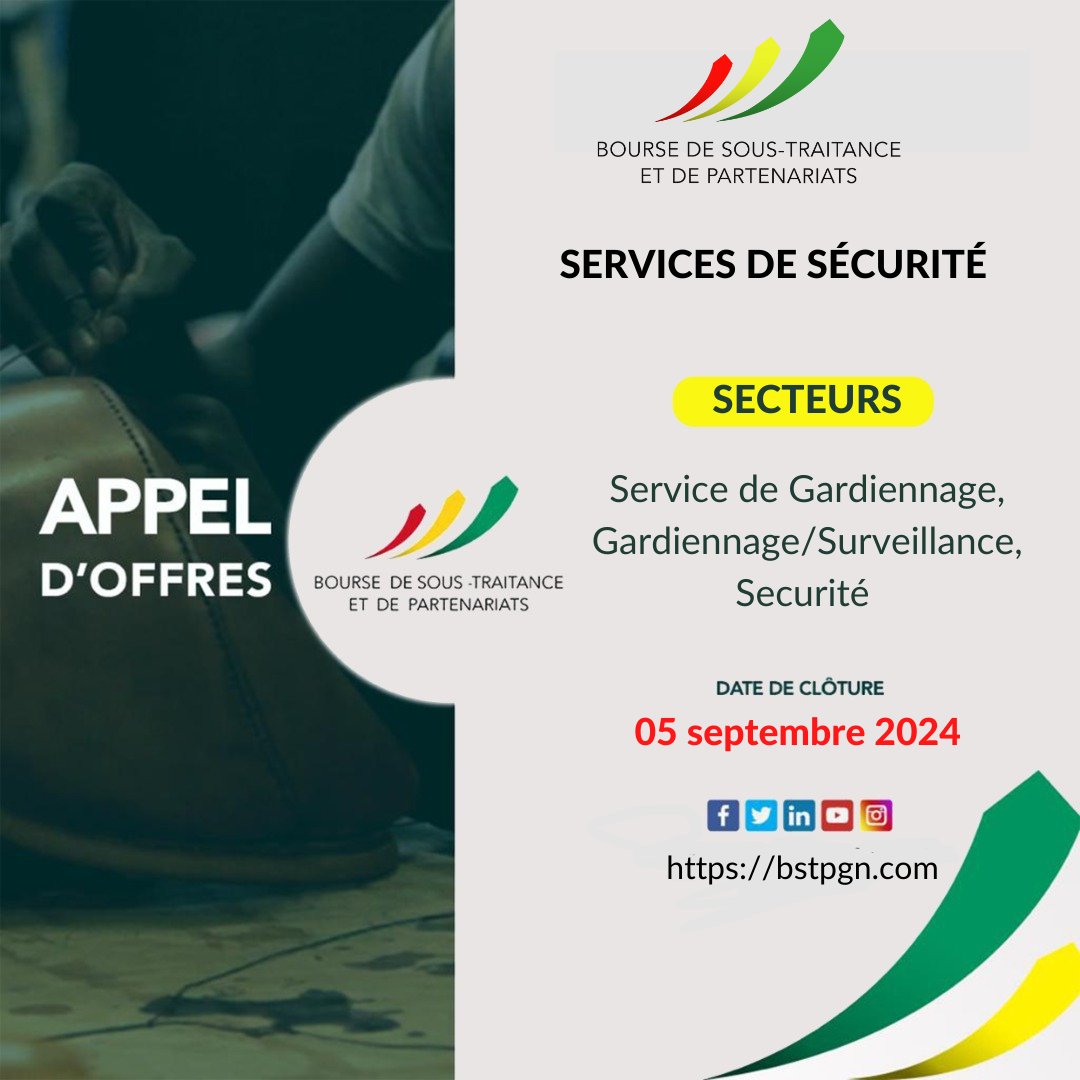 ⚠️Appel d’offres⚠️

SERVICE DE SÉCURITÉ

CLIENT: @BSTP

SECTEURS : Service de Gardiennage/Surveillance, Sécurité

Date de clôture : 05 Septembre 2024.

*Comment s’inscrire ? *

☎️625-63-21-77

🌍bstpgn.com

🏠Dans nos locaux à Lambanyi

#BSTP #ContenuLocal