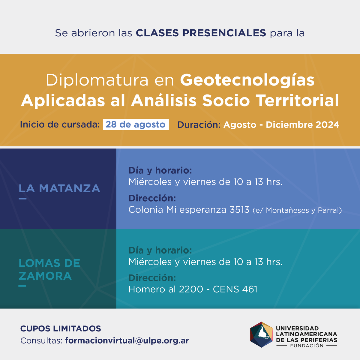 ulpe17's tweet photo. Diplomatura en Geotecnologías Aplicadas al Análisis Socio Territorial
¡Nueva modalidad semipresencial!

💻 Certificación oficial  / Cupos limitados
Cursada Virtual + Tutorías presenciales

🕒 Duración: Agosto a diciembre 2024
🗓️  Inicio: 28 de agosto https://t.co/bq8uiWG0zQ