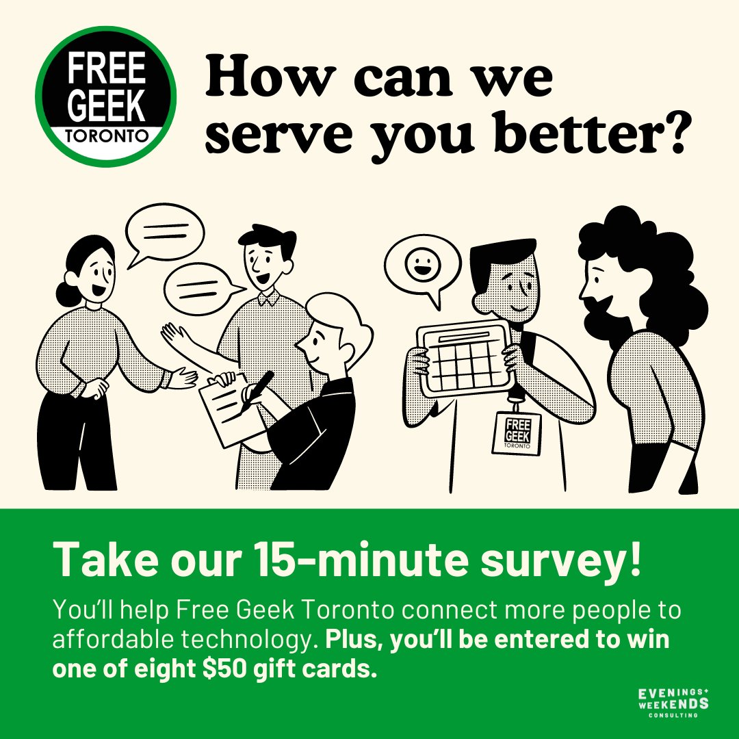 Are you, or people you work with, in need of affordable technology?

We've partnered with <a href="/FreeGeekToronto/">Free Geek Toronto</a> to improve outreach to people who could benefit from their services. Take the survey, and you’ll be entered to win one of eight $50 gift cards! 

qualtricsxmgw2tjwfch.qualtrics.com/jfe/form/SV_2a…