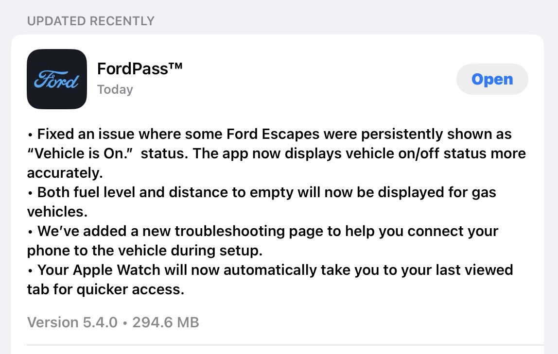 Jim_363's tweet photo. The FordPass 5.4.0 update is now available in the Canadian iOS App Store. I’m happy that the Apple Watch will now display the last viewed tab automatically. #F150Lightning 
#MustangMachE #FordPass
 @ford @FordCanada https://t.co/xQgybavD7C