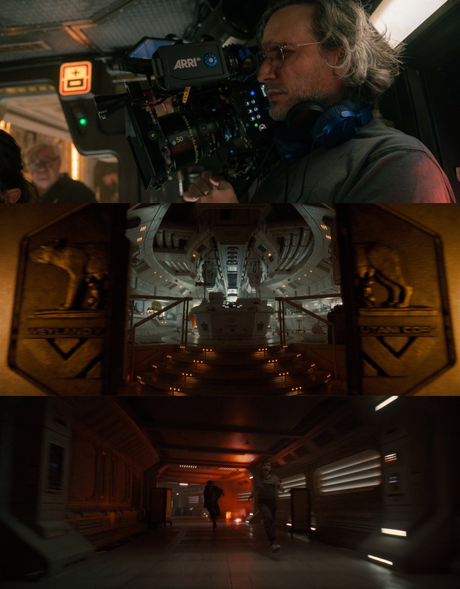 imPatrickT's tweet photo. I saw ALIEN: ROMULUS again last night and was able to notice the technical aspects of the film even more this time. 

In particular, I loved how deep focus the cinematography was.
The majority of our recent blockbusters have all been captured with large format cameras, which tends to push DPs/Directors into using fast lenses with very shallow depth of field, resulting in very blurry backgrounds that focus mostly on actors’ faces.

• The Creator: Sony FX3
• Dune Part 2: Alexa Mini LF + Alexa 65
• Oppenheimer: IMAX 15/70
Romulus was shot on the Alexa 35, which is a new(ish) Super 35 digital camera from Arri. It’s a smaller sensor than the large format or full frame cameras mentioned above. A smaller sensor makes it easier to achieve less bokeh (blurry background) while letting in more light from your glass. With S35, you need to use faster lenses with longer focal lengths to achieve the same depth of field as full-frame.
Romulus is full of deep focus cinematography, which lets you really soak in the great production design.

The original Alien was also shot on Super 35, albeit on film and anamorphic, but similar apertures were used to let you see into the entire frame. 
Shallow depth of field is great, and I think Dune, The Creator, and Oppenheimer use it well, but if you’re going to put this much care and attention to detail into such beautiful sets... you should get it on camera.