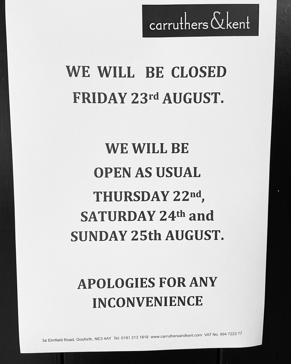 We will be open as usual this week and bank holiday weekend but CLOSED Friday 23rd August. Pass it on