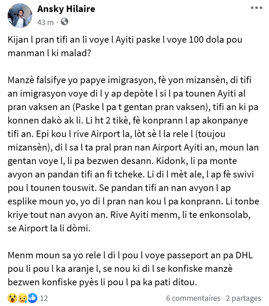 Markens_JR's tweet photo. #Programbiden | Men yon trajedi mw rankontre sou Facebook (fesbouk) kote yon sipòtè arive depotè yon benefisyè San l pa konnen, sa rive pwodwi pa jalouzi ki revele bò kote sipòtè Sila. @dennly109 , @marcnap92 kòman Nou ka ede moun sa ? @Kaly973 , @touwillchinwa https://t.co/PqTsPKvySA