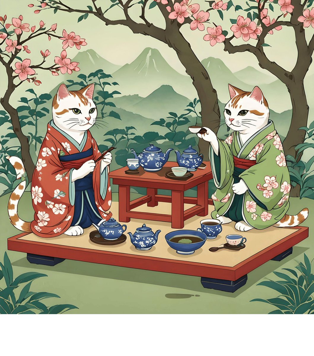 kimonocatcups's tweet photo. Whiskers adorned in silk, the Tea Ceremony Kimono Cats sip matcha tea gracefully in the tranquil garden, embodying elegance and tradition. 

#TeaCeremony #KimonoCats #FelineElegance 
#JapaneseTradition #CatAdornment https://t.co/MpOWAhq4uN