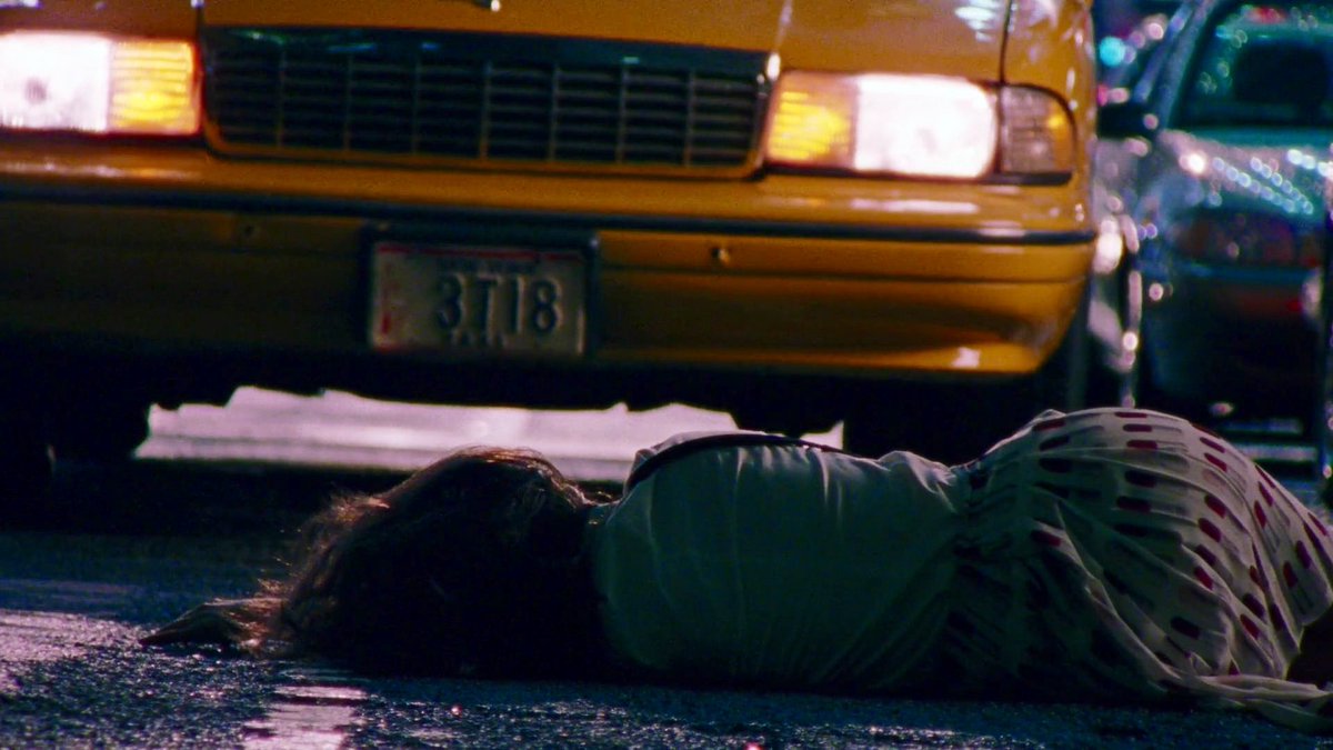 dumbandfunn's tweet photo. Charlotte York wearing the iconic 2001 Prada pleated lipstick skirt while dramatically falling in front of a cab and meeting/being saved by her (first) husband https://t.co/UUazkp9euN