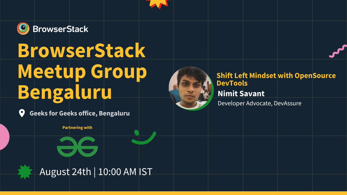 browserstack's tweet photo. π£ Bengaluru Meetup Alert!
Join us on August 24th, 10am for a session on "Shift Left Mindset with OpenSource DevTools" by @SavantNimit.
Register now π https://t.co/cNTgwjfOG9
#BrowserStackMeetup #Bengaluru https://t.co/Mrsi0c4cmJ