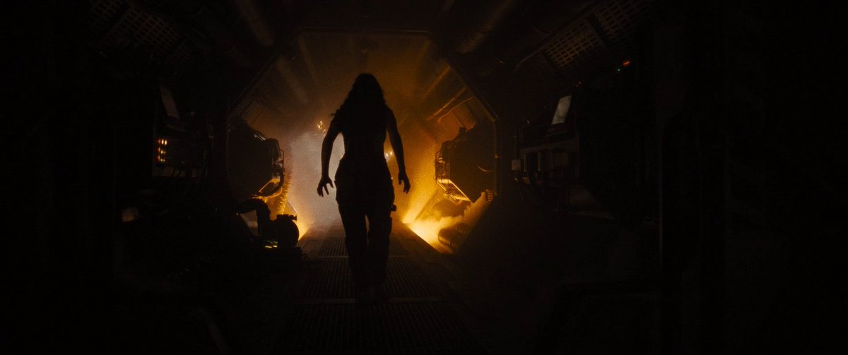 imPatrickT's tweet photo. I saw ALIEN: ROMULUS again last night and was able to notice the technical aspects of the film even more this time. 

In particular, I loved how deep focus the cinematography was.
The majority of our recent blockbusters have all been captured with large format cameras, which tends to push DPs/Directors into using fast lenses with very shallow depth of field, resulting in very blurry backgrounds that focus mostly on actors’ faces.

• The Creator: Sony FX3
• Dune Part 2: Alexa Mini LF + Alexa 65
• Oppenheimer: IMAX 15/70
Romulus was shot on the Alexa 35, which is a new(ish) Super 35 digital camera from Arri. It’s a smaller sensor than the large format or full frame cameras mentioned above. A smaller sensor makes it easier to achieve less bokeh (blurry background) while letting in more light from your glass. With S35, you need to use faster lenses with longer focal lengths to achieve the same depth of field as full-frame.
Romulus is full of deep focus cinematography, which lets you really soak in the great production design.

The original Alien was also shot on Super 35, albeit on film and anamorphic, but similar apertures were used to let you see into the entire frame. 
Shallow depth of field is great, and I think Dune, The Creator, and Oppenheimer use it well, but if you’re going to put this much care and attention to detail into such beautiful sets... you should get it on camera.