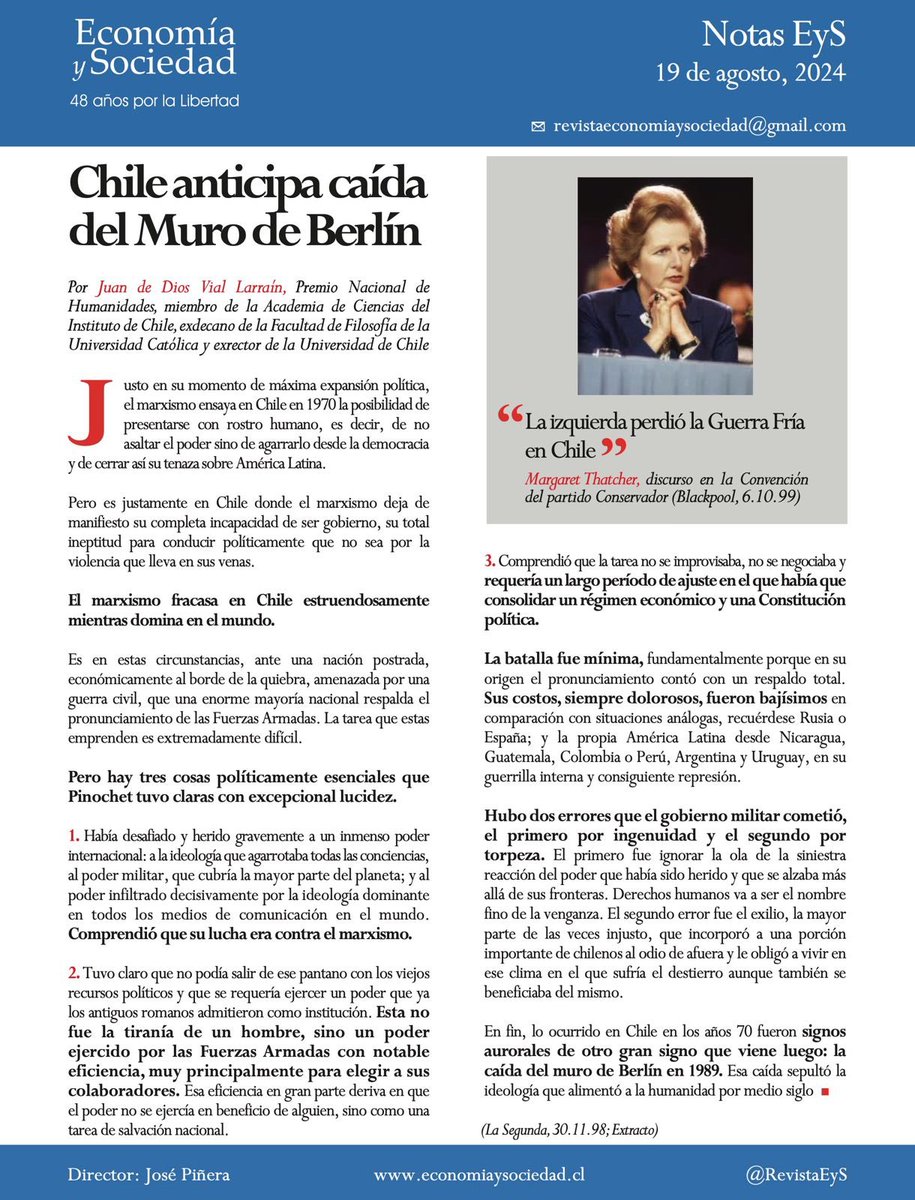 RevistaEyS's tweet photo. Notas EyS: Chile anticipa caída del Muro de Berlín. 

Juan de Dios Vial: “Lo ocurrido en Chile en los años 70 fueron signos aurorales de otro gran signo que viene luego: la caída del muro en 1989”. 

Margaret Thatcher: “La izquierda perdió la Guerra Fría en Chile”. https://t.co/V8G3DcI9ft