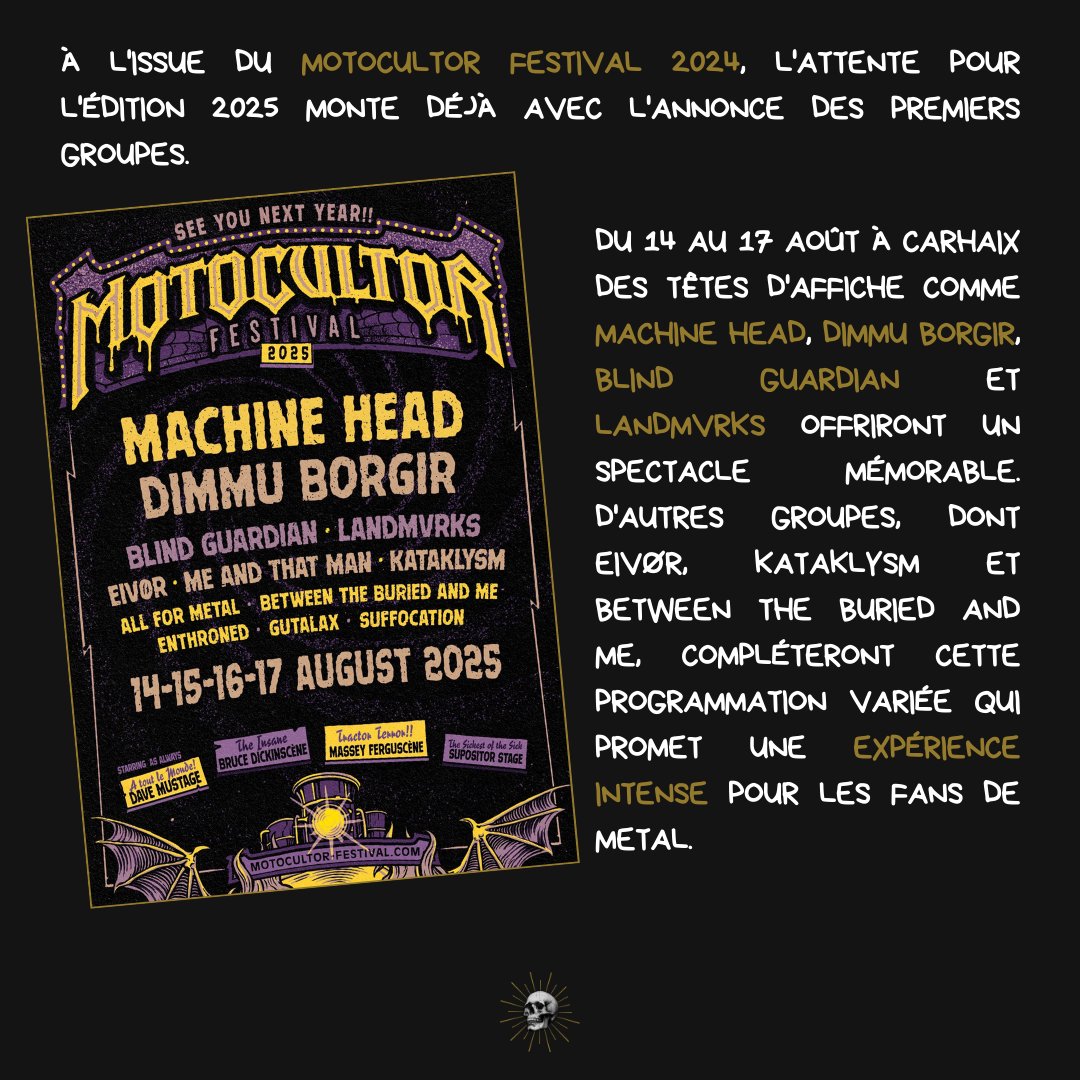 lapausemetal's tweet photo. Les premiers noms du #Motocultor 2025 sont tombés !
#MetalNews #Metal #MetalMusic #MetalBands #MoshPit #MetalHead #MetalCommunity #Headbangers #MetalUpdates #MachineHead #DimmuBorgir #BlindGuardian #Landmvrks https://t.co/9TDDSr7Iwl