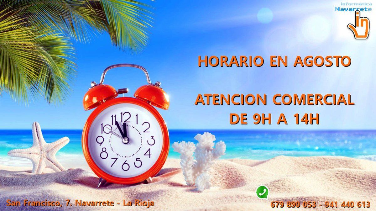 InformaticaNava's tweet photo. ⏰️ HORARIO AGOSTO ⏰️
Atención comercial de 9h a 14h.
Avisos por WhatsApp
 📲 679890053 ☎️ 941440613 https://t.co/DHZXh2j8Tz
