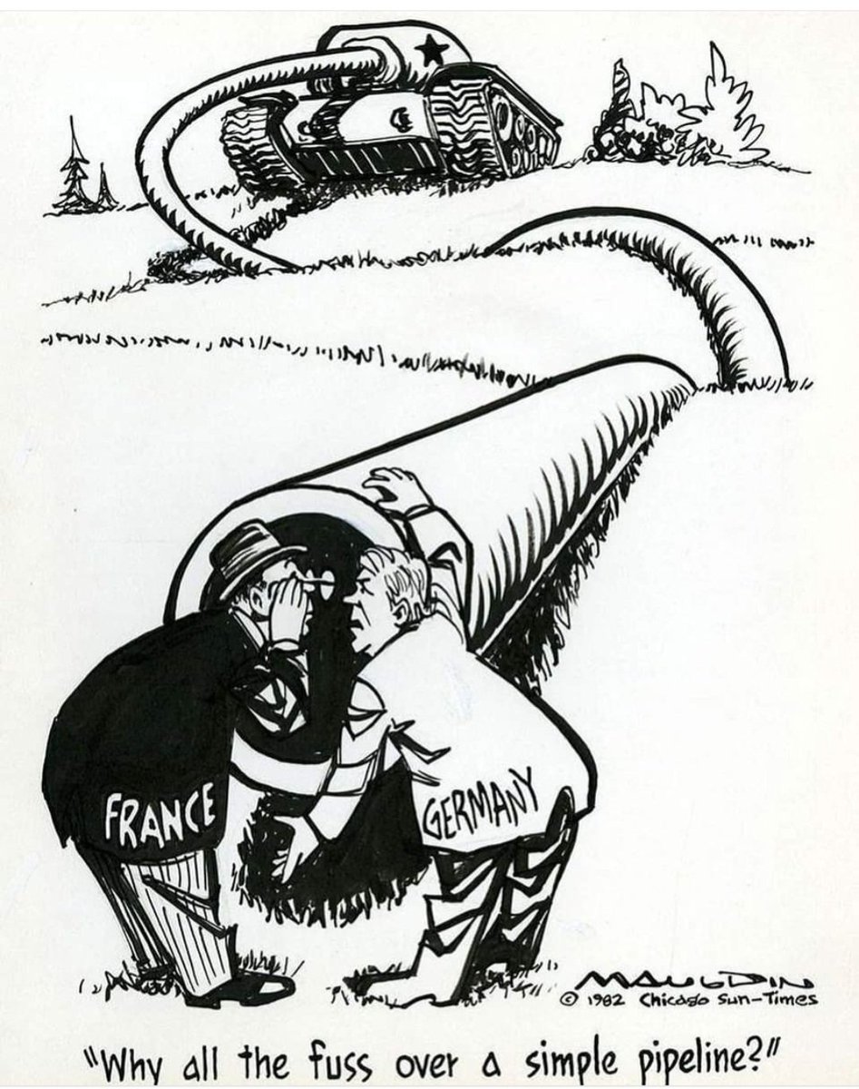 PiotrSemka's tweet photo. "Po co robić tyle wrzawy o zwykłą rurę" - pytali się na rysunku z 1982 r.  politycy z Francji i RFN. Rysunek był konentarzem do sporu z USA z Francja i Niemcami  o uzależnianie Zachodniej Wuropy od sowieckiej ropy.  Po 42 latach jesteśmy w tym samym punkcie. https://t.co/FCauGNiJuy