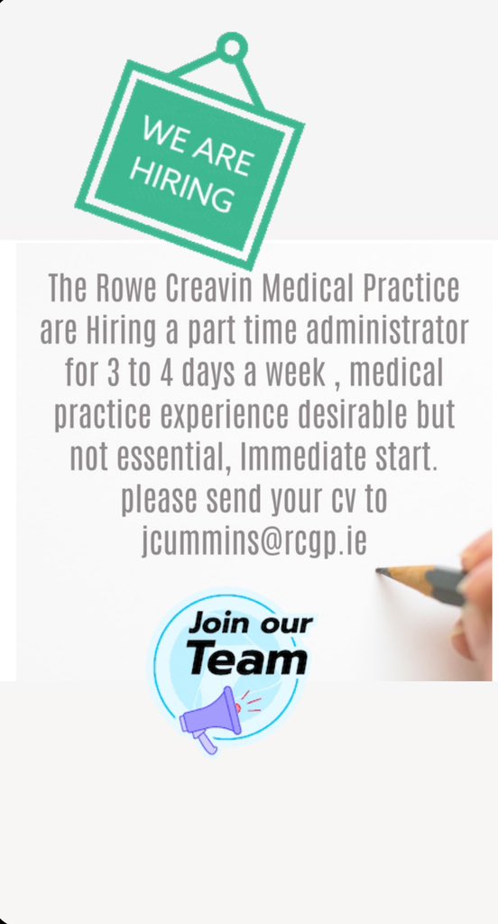 Waterford Health Park (@whparc) on Twitter photo The Rowe Creavin Medical Practice are Hiring a part time administrator for 3 to 4 days a week , medical practice experience desirable but not essential, Immediate start.
please send your cv to jcummins@rcgp.ie The Rowe Creavin Medical Practice are Hiring a part time administrator for 3 to 4 days a week , medical practice experience desirable but not essential, Immediate start.
please send your cv to jcummins@rcgp.ie
