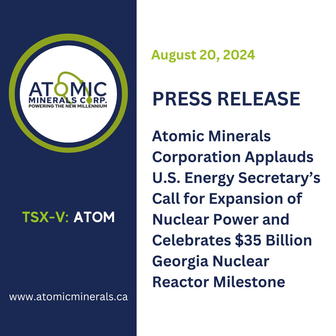 AtomicMinerals's tweet photo. 📈 NEWS🚨 Atomic Minerals Corporation Applauds U.S. Energy Secretary’s Call for Expansion of Nuclear Power and Celebrates $35 Billion Georgia Nuclear Reactor Milestone
READ ▶️ ▶️  https://t.co/el6Klvs6Cx
#TSXV #uranium #Saskatchewan #UnitedStates #colorado #Utah #nuclear #energy https://t.co/0nkao5fkdq