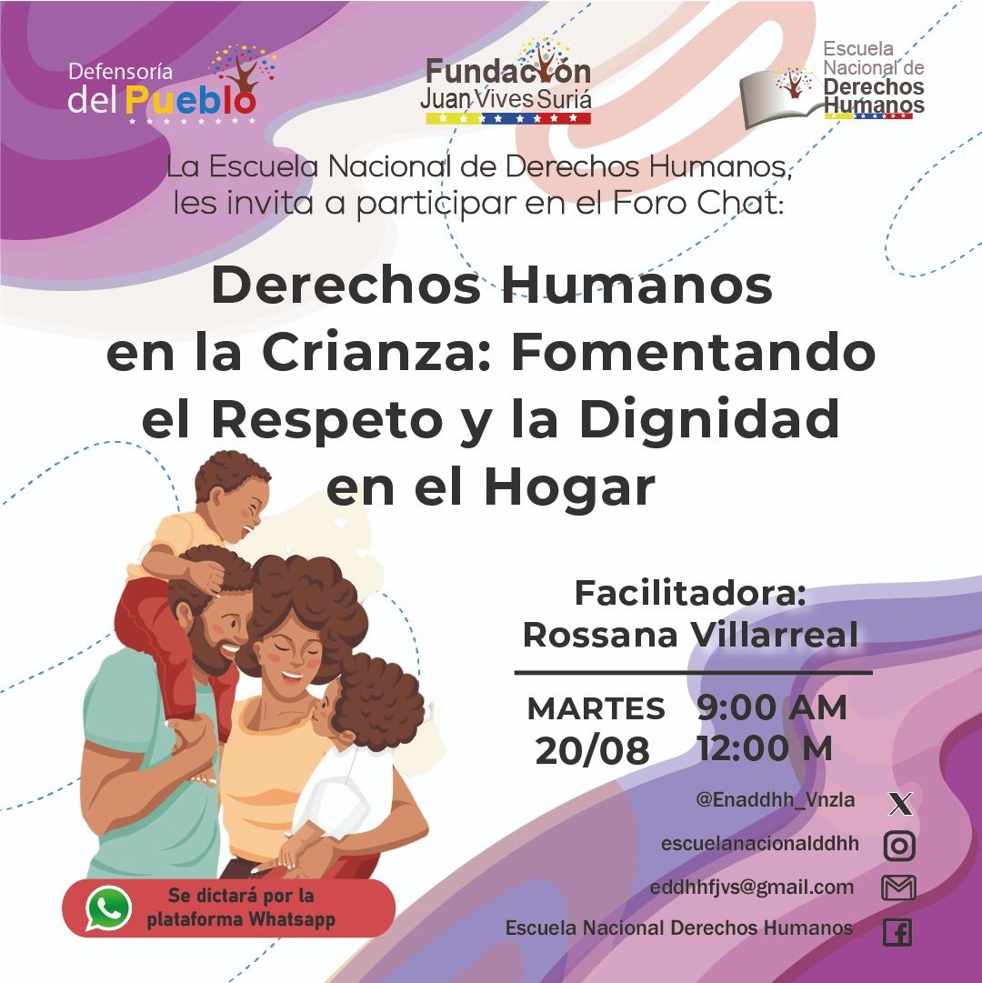 La Escuela Nacional de Derechos Humanos, les invita a participar en el Foro Chat sobre:

Derechos Humanos en la Crianza: Fomentando el Respeto y la Dignidad el el Hogar

Día: Martes 20/08/2024

Hora: 9:00 am a 12:00 m.

Facilitadora: Rossana Villarreal

forms.gle/xTMp5JHT3vtJVW…