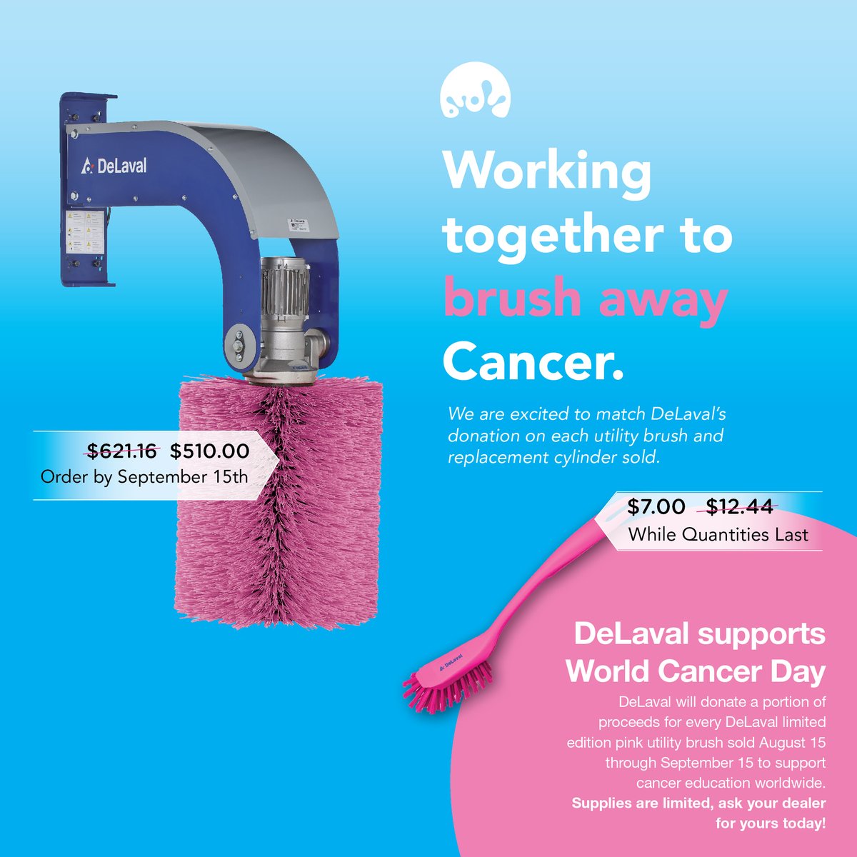 NorwellDairy's tweet photo. Year 2 of this amazing promotion! Let's make an impact together; Norwell is proud to match DeLaval's donation from each brush and cylinder sold. Connect with one of our account managers to take advantage of these deals and support a great cause. #Ontag #Farming @DelavalCanada https://t.co/61dMRnZJog