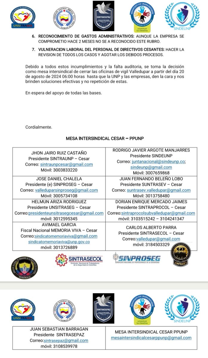 Siguen los abusos por parte de la empresa #Vigil perteneciente a la #UTMaximum exigimos garantías laborales para todos los #escoltas del #PPUNP <a href="/UNPColombia/">Unidad Nacional de Protección, UNP.</a> <a href="/SuperVigilancia/">Supervigilancia</a> <a href="/MintrabajoCol/">MinTrabajo</a> <a href="/CGR_Colombia/">Contraloría General de la República de Colombia</a> <a href="/cutcolombia/">Central Unitaria de Trabajadores</a> <a href="/sosltdaoficial/">Su Oportuno Servicio Ltda. Seguridad Privada</a> #AsambleaPermanente  #UnionSindical