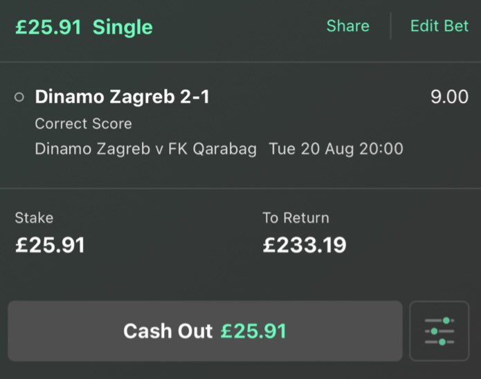 Bet 3 

I like BTTS and I  think Zagreb will just edge out winners so I have gone for a correct score this evening. 

#UCL #correctscore