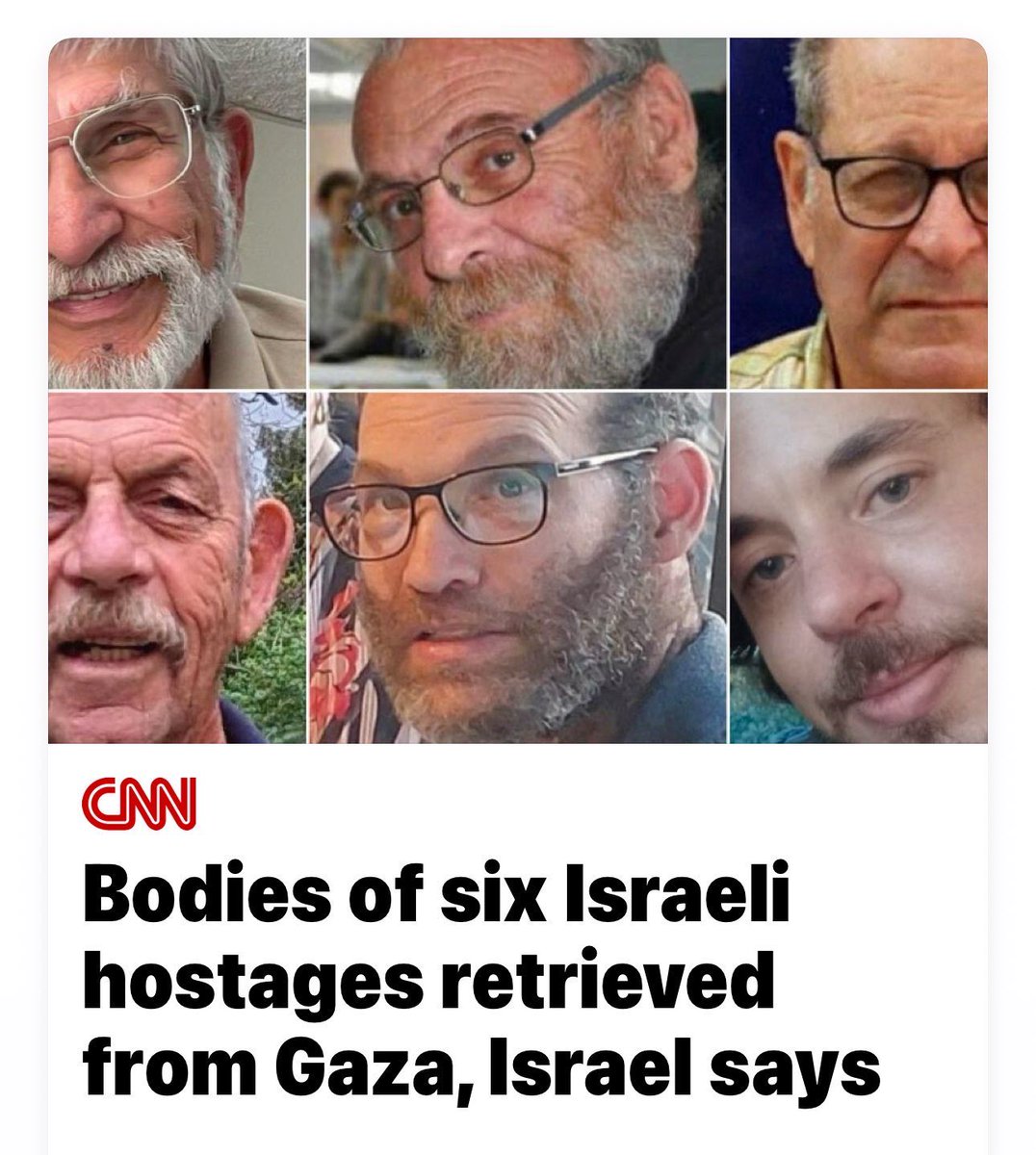 CNN Article:

“Bodies of six Israeli hostages retrieved from Gaza, Israel says”
