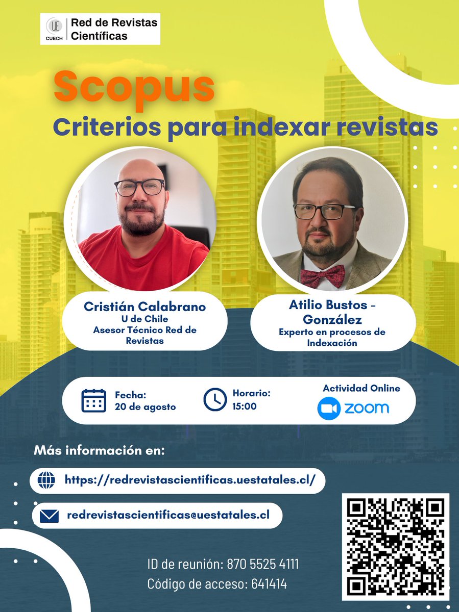 [HOY]📢 Los invitamos al Taller especial sobre "Scopus y sus criterios para la indexación de revistas", dirigido por Atilio Bustos de SCImago Lab (<a href="/scimago/">SCImago</a>) y moderado por Cristián Calabrano (<a href="/uchile/">Universidad de Chile</a>)
🕒 15:00 hrs. 🇨🇱
Zoom ID: 87055254111
Código: 641414
reuna.zoom.us/j/87055254111?…