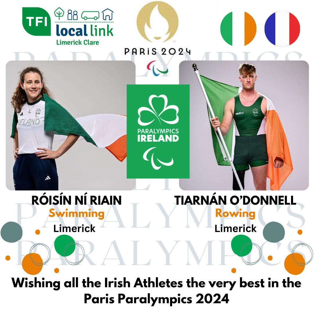 TFI Local Link Limerick Clare are wishing athletes Róisín Ní Riain &amp; Tiarnán O’Donnell from Limerick and all the Irish athletes the very best and success in the Paris Paralympics 2024🚣‍♂️🏊‍♀️

<a href="/TFIupdates/">Transport for Ireland</a> <a href="/swimireland/">Swim Ireland</a> <a href="/RowingIreland/">Rowing Ireland</a> <a href="/ParalympicsIRE/">Paralympics Ireland</a> <a href="/Paralympics/">Paralympic Games</a>