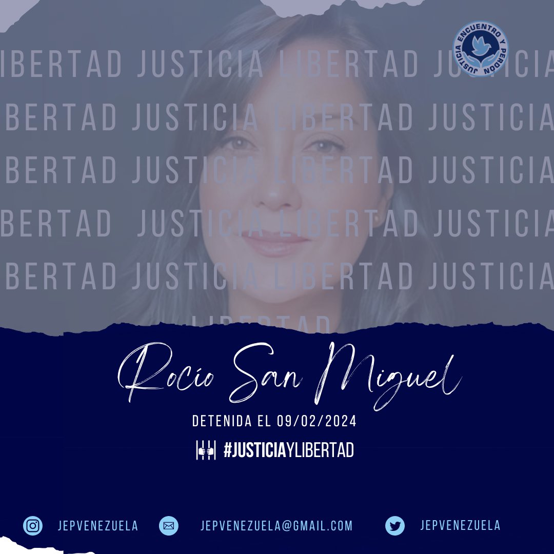 JEPvzla's tweet photo. Rocío San Miguel continúa detenida. Por seis meses se le ha impedido acceder a abogados de confianza, lo cual es una afrenta a la justicia. Su detención arbitraria debe cesar y su derecho a una defensa legítima ser respetado #LibertadParaRocío #JusticiaYLibertad https://t.co/fy6GGj8tDU