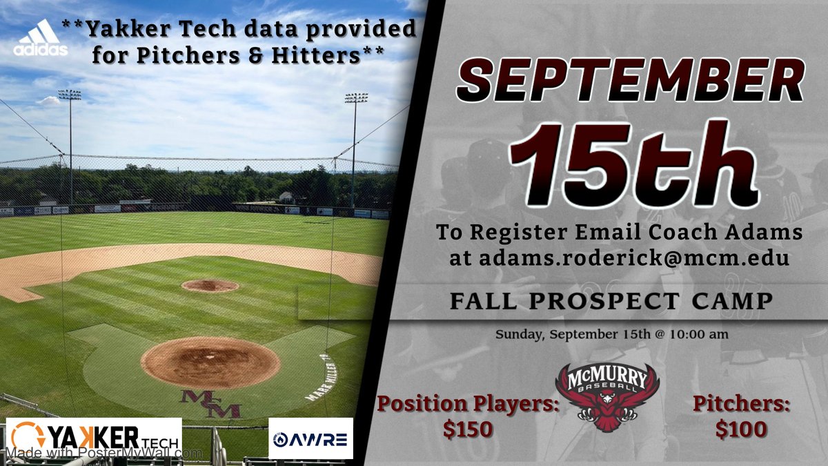 McMurryBaseball's tweet photo. 🗓️MARK YOUR CALENDARS!!     
⚾️Fall Prospect Camp ⚾️ 
Sunday, September 15th
🏟️Walt Driggers Field
Please email Coach Adams to register:  adams.roderick@mcm.edu

NEW!!! @Yakkertech data will be provided to evaluate pitchers and hitters. https://t.co/55SfL2fKSN