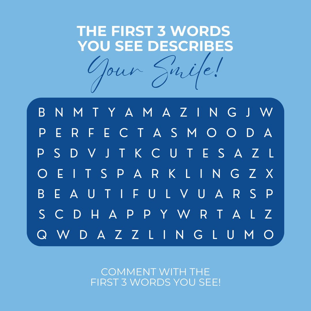 MainStDental_'s tweet photo. The first 3 words you see describe your smile! 🔍✨ What did you find? Share your results with us and let’s celebrate your unique smile at Main Street Dental Smiles! 😁🦷 #SmileWords #FunWithWords #MainStreetSmiles https://t.co/2cUuMVqi7q