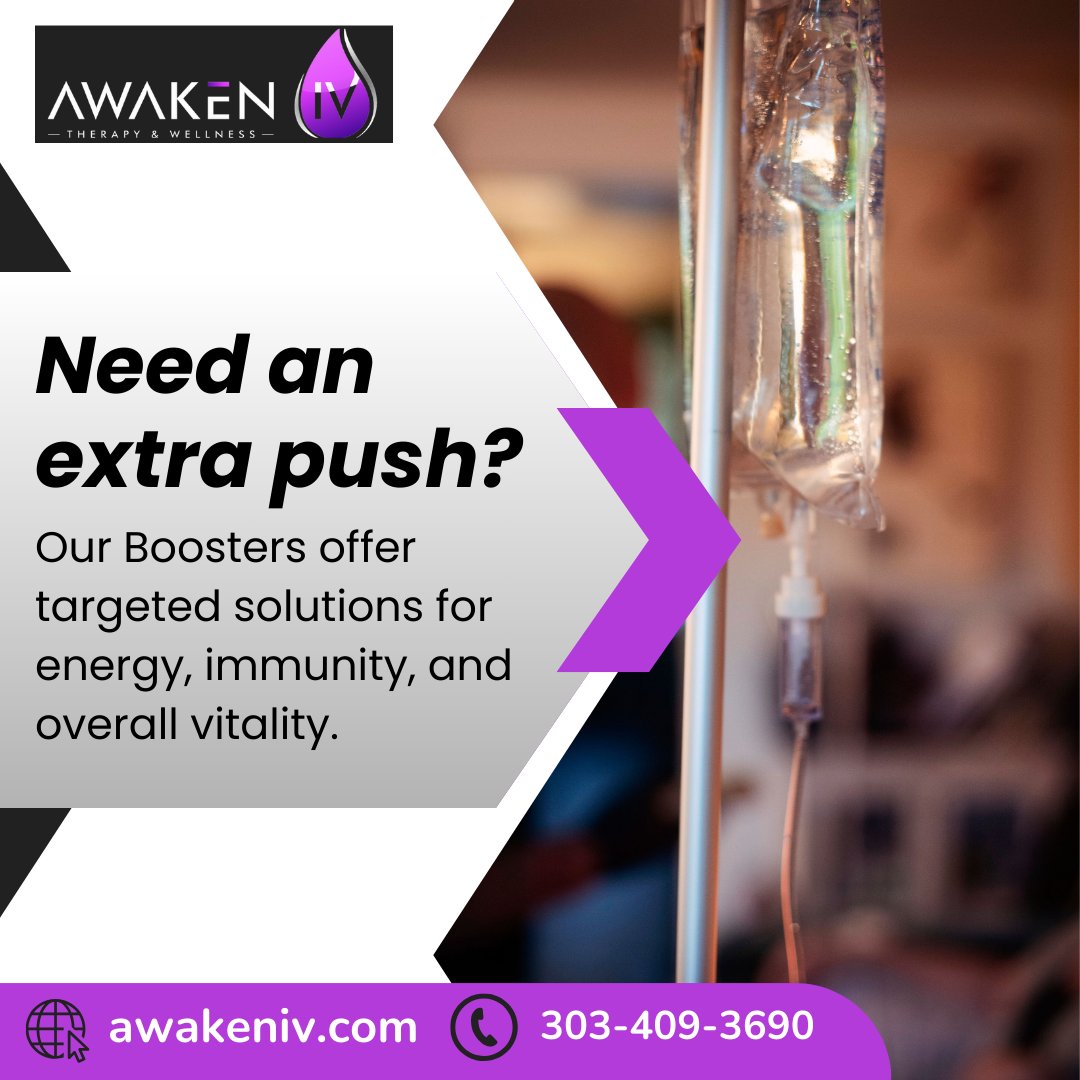 Awaken_IV's tweet photo. Need an extra push? Our Boosters offer targeted solutions for energy, immunity, and overall vitality. Feel the difference today! 
https://t.co/IBKEPrpB5w 
#AwakenIV #IVTherapy #HolisticWellness #HealthAndWellness #WellnessJourney #HolisticHealing #Healthcare https://t.co/4xjQNVljVR