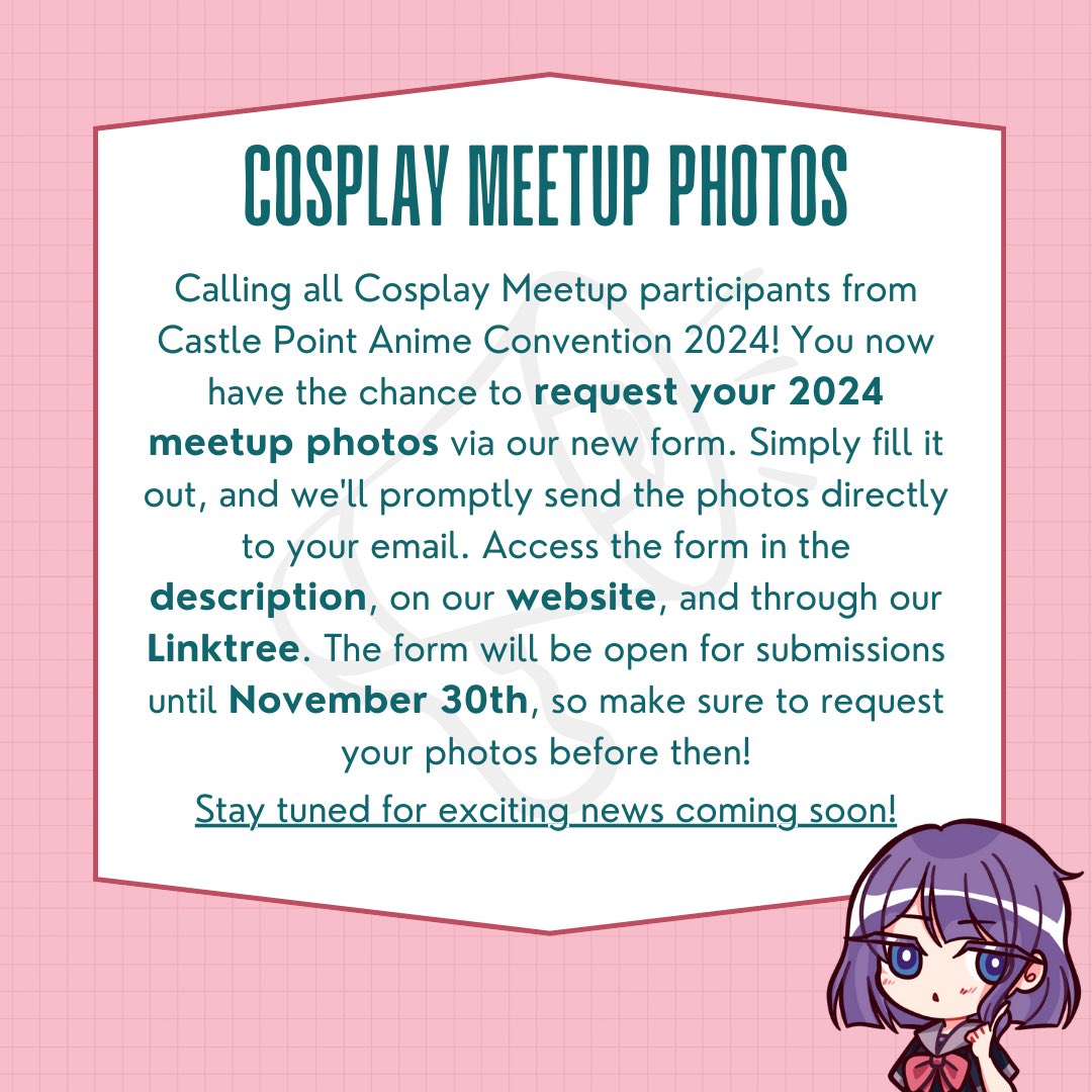 CastlePointCon's tweet image. Hey Castle Point Anime Con 2024 Cosplay Meetups! 🌟 Request your photos now via our new form! 📸 Find it on our website, Linktree, or  at forms.gle/UQfKyJybzdFUXM… ⏳ Form open until Nov 30! #CastlePointAnimeConvention #CosplayMeetup