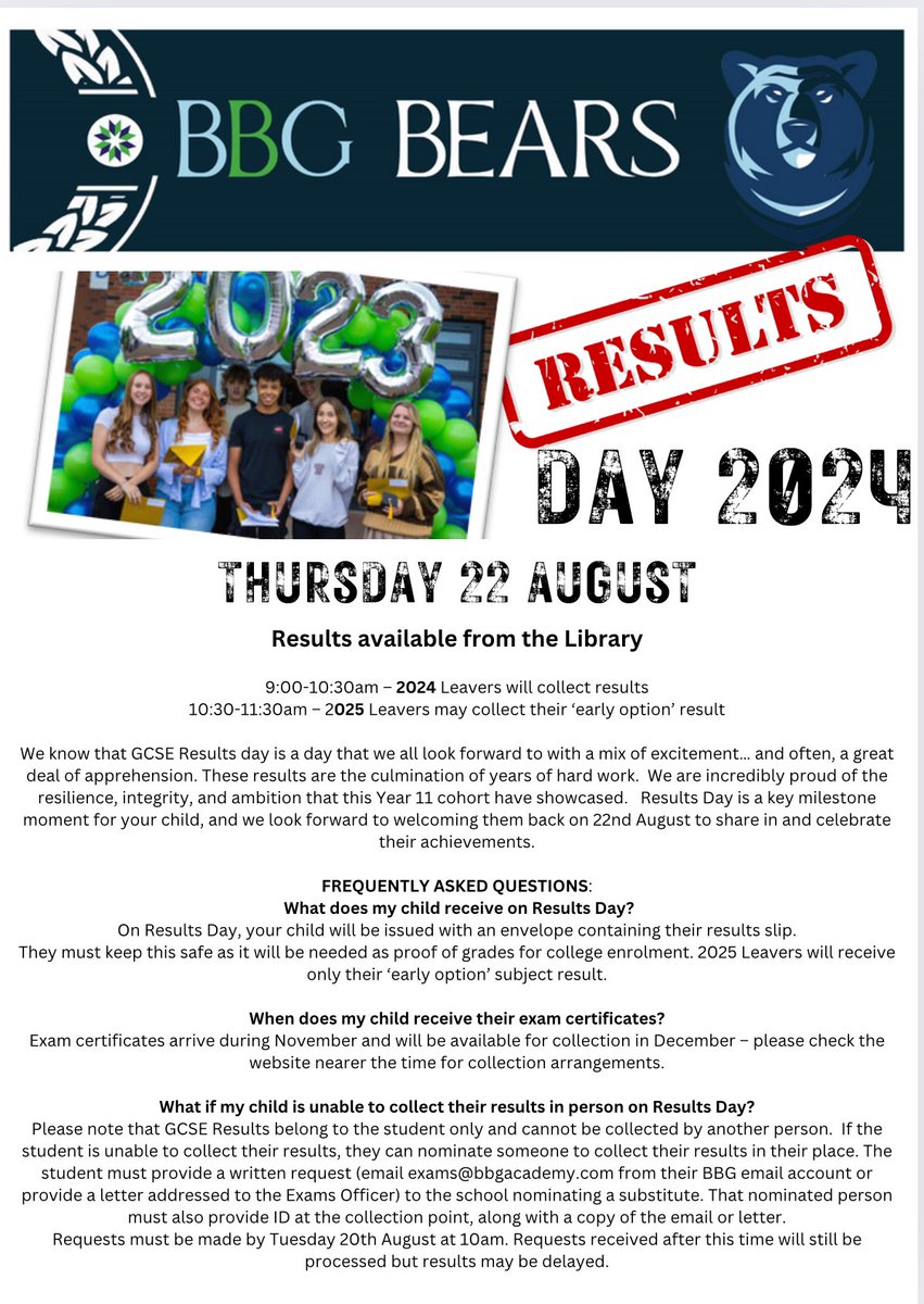 We are looking forward to welcoming our 2024 Leavers back to celebrate their GCSE Results on Thursday! Excited to see the #BBGBears at 9AM! 🐻 💙💚💙 #TeamBBG