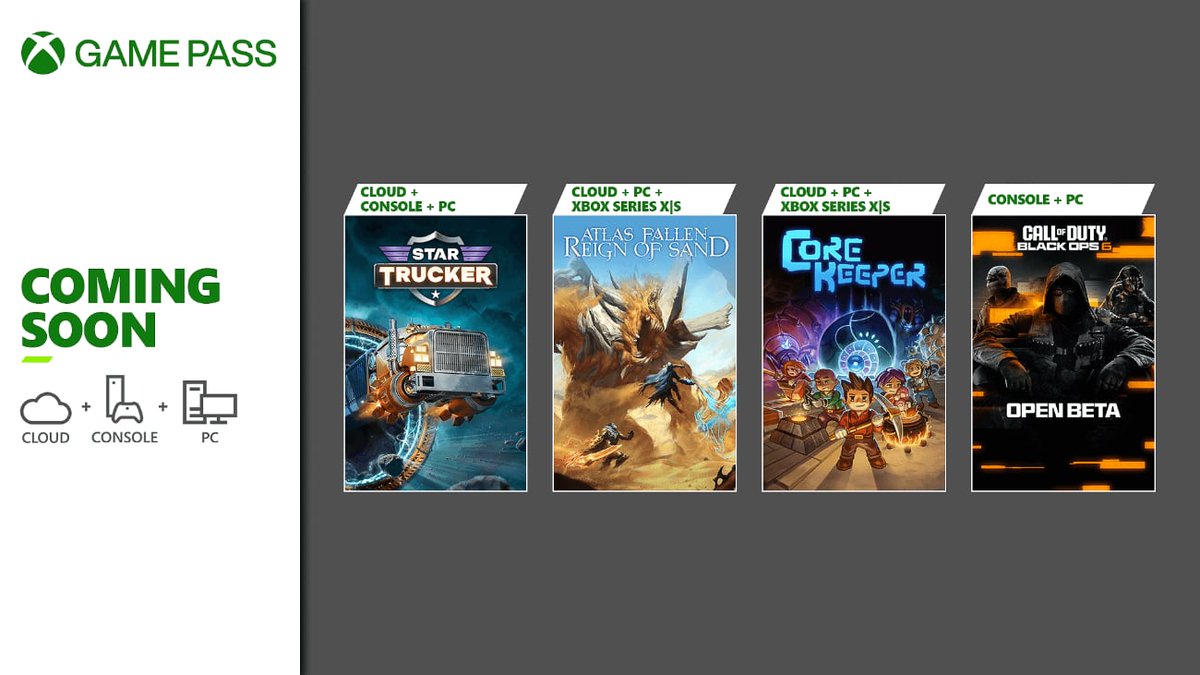 InsideXboxDE's tweet photo. Freut euch auf Atlas Fallen, Core Keeper, Star Trucker und Black Ops 6 Beta - bald im Xbox Game Pass!
https://t.co/4hFsuaFvfr

#XboxGamePass #InsideXbox https://t.co/RF0ubIlXpu