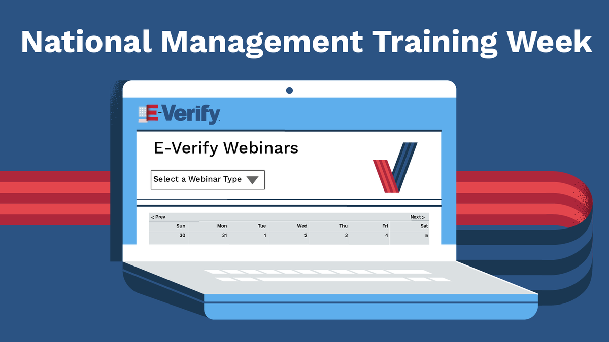 EVerify's tweet photo. TOMORROW: Our E-Verify Overview webinar is great for prospective and new #EVerify users. We go through everything, including enrollment, how it works, and a full demo! Check out the next session on Aug. 21 at 11 a.m. ET. https://t.co/RiQ1cQpsts #NationalManagementTrainingWeek https://t.co/Hn28Lsmqih