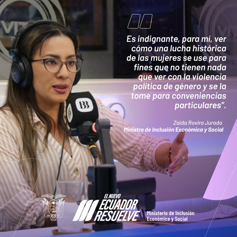 DHumanoEc's tweet photo. En una entrevista con @radiocentroec, la ministra de Inclusión Económica y Social, @zaidarovira, se refirió a la denuncia de Verónica Abad por supuesta violencia política de género en contra del presidente @DanielNoboaOk y explicó por qué esta es improcedente y mal intencionada.
#ElNuevoEcuadorResuelve