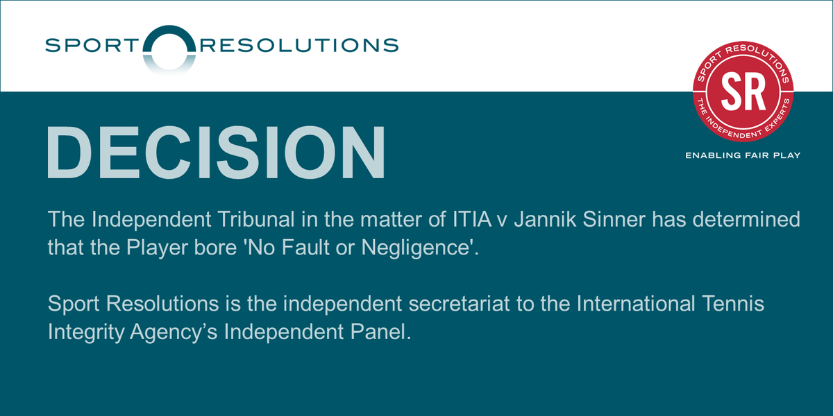 A decision in the case of <a href="/itia_tennis/">International Tennis Integrity Agency</a> against Jannik Sinner has been issued by the Independent Panel. The independent tribunal has determined that the Player bore 'No Fault or Negligence' > shorturl.at/sVork