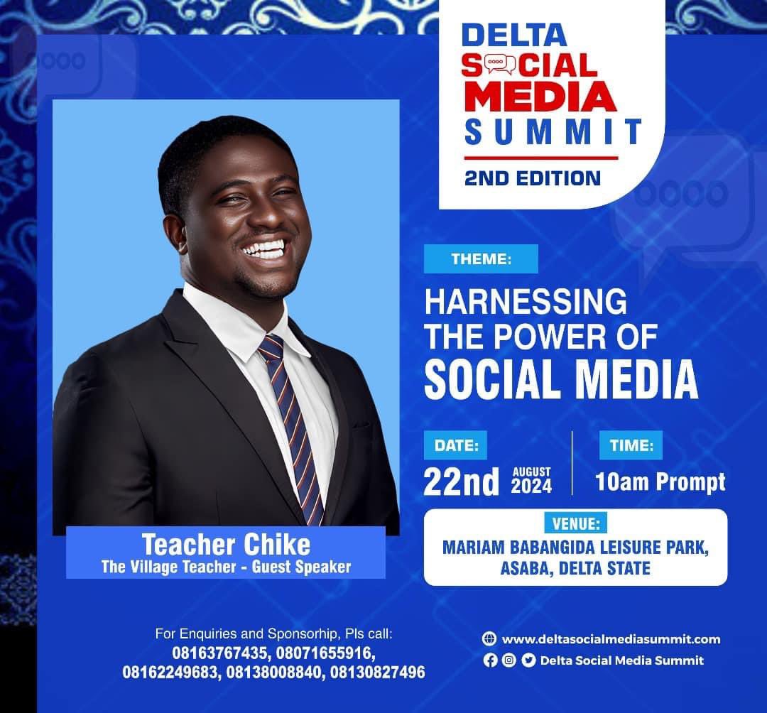 ossaiovie's tweet photo. Popular Social Media Influncer Teacher Chike the Village Teacher will be speaking at the Delta Social Summit Second Edition holding this week Thursday Aug 22nd at the Mariam Babangida Leisure Park in Asaba.
#DeltaSocialMediaSummit https://t.co/3cIYXoabo6