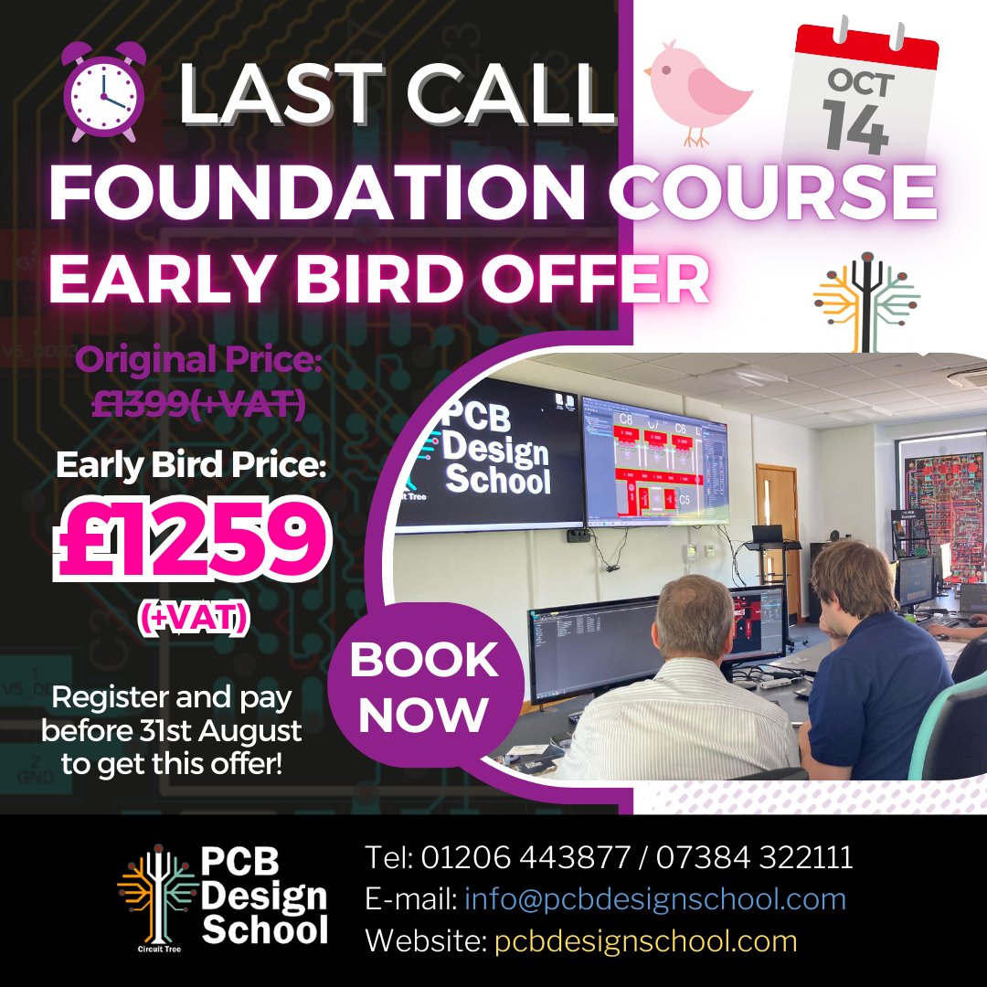Do you want to learn PCB Design? Our Foundation Course in October includes everything required to design a PCB!
Book now and save 10%*!
(*The offer is only available for attending the Foundation Course starting on 14th October)

Details: pcbdesignschool.com/courses