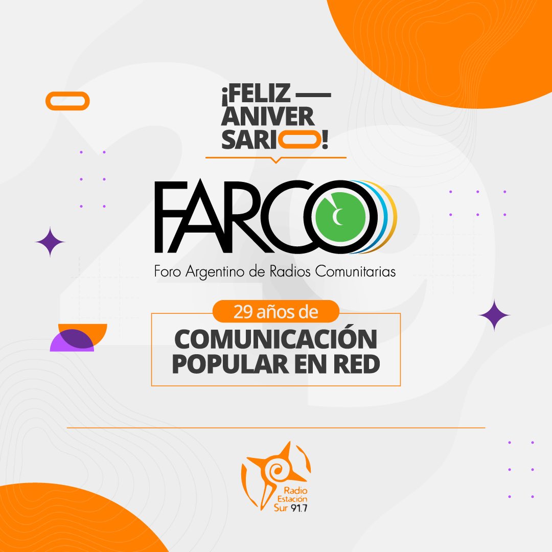 ¡Feliz cumpleaños, <a href="/farcoargentina/">FARCO</a>! 🎙️❤️

Gracias por acompañarnos desde que soñamos y proyectamos que Estación Sur sea una Radio. 

Por muchos años más de comunicación popular, democrática, en red y, sobre todo, federal. 
 
#FARCOCumple 🎂 #SinMediosComunitariosNoHayDemocracia