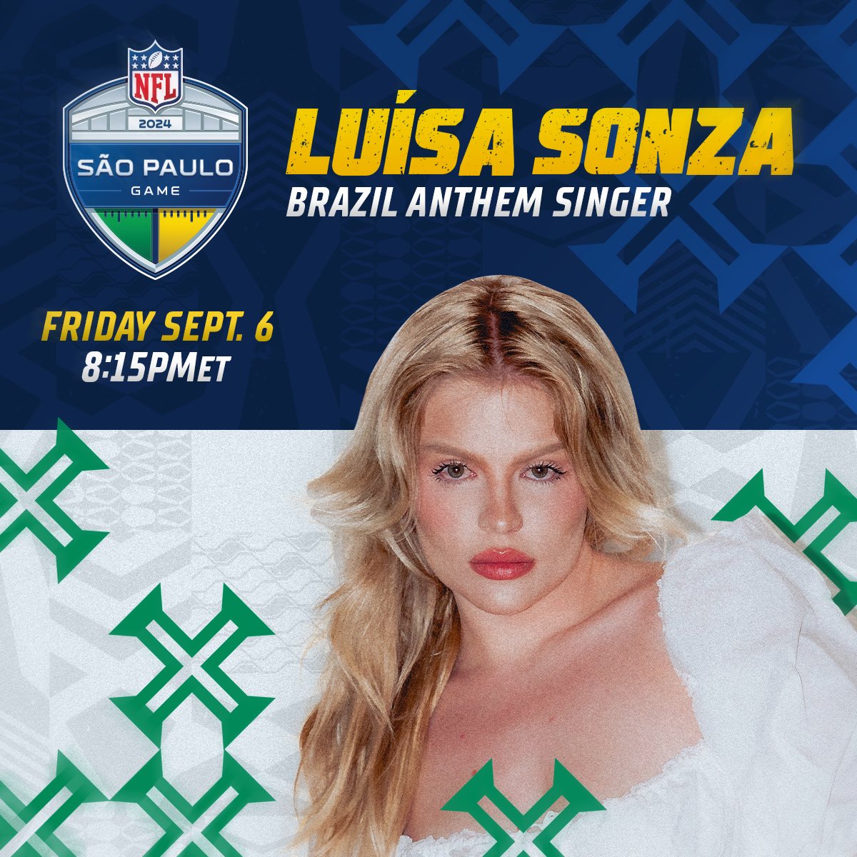 Excited to sing the Brazilian national anthem ahead of the first NFL regular season game in São Paulo! 

📺 #GBvsPHI - 9/6 on Peacock (8pm ET)
🇧🇷 CazéTV, ESPN, RedeTV, GamePass